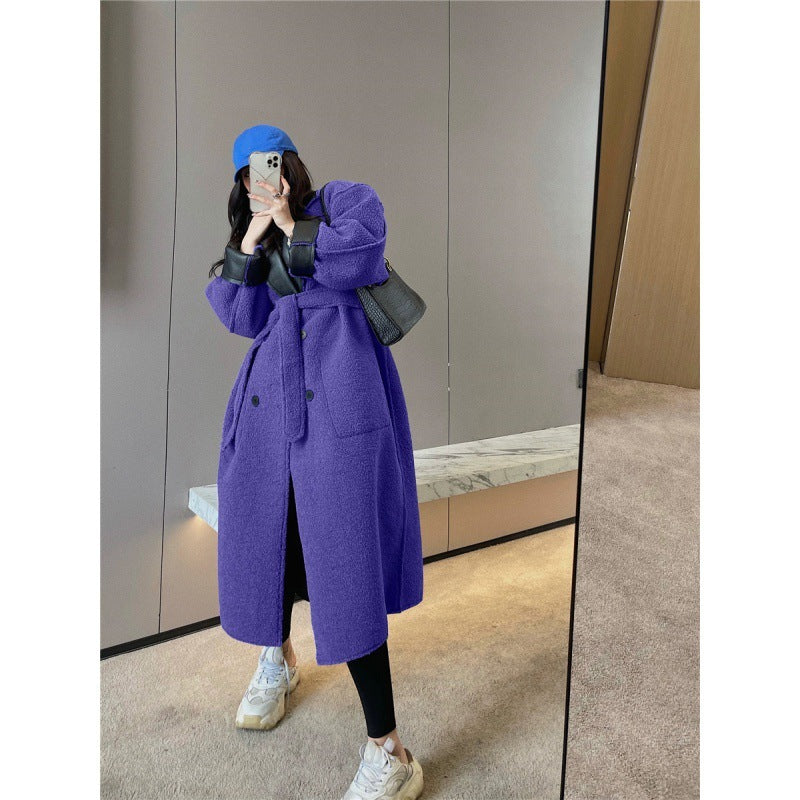 Autumn And Winter Fur Integrated Lamb Wool Medium Length Thickened Blue Coat
