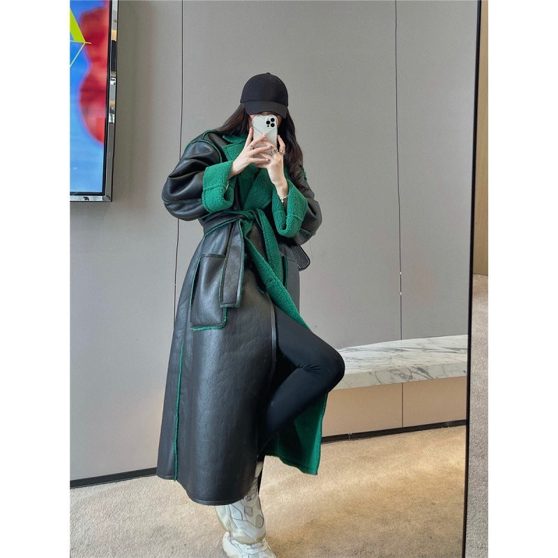 Autumn And Winter Fur Integrated Lamb Wool Medium Length Thickened Blue Coat