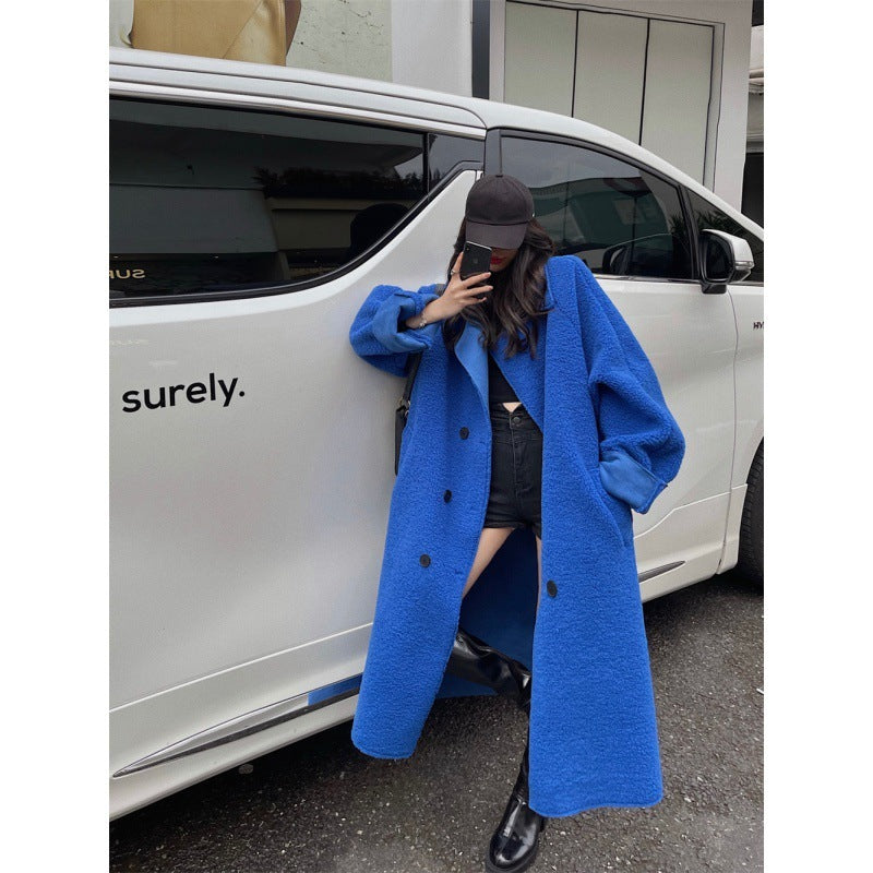 Autumn And Winter Fur Integrated Lamb Wool Medium Length Thickened Blue Coat