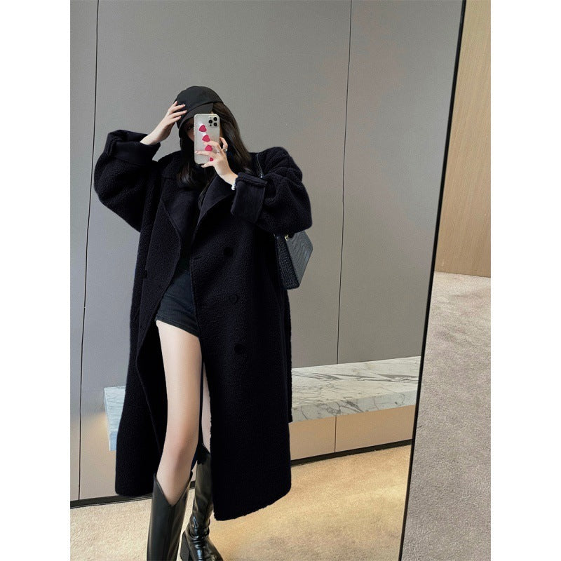 Autumn And Winter Fur Integrated Lamb Wool Medium Length Thickened Blue Coat