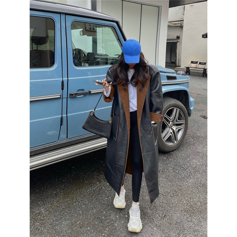 Autumn And Winter Fur Integrated Lamb Wool Medium Length Thickened Blue Coat