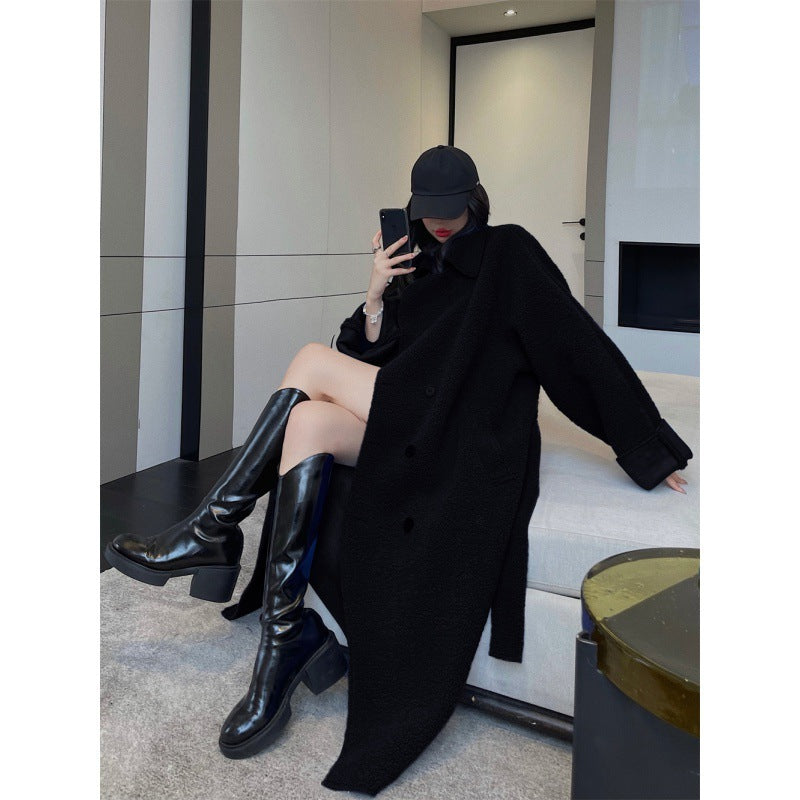 Autumn And Winter Fur Integrated Lamb Wool Medium Length Thickened Blue Coat
