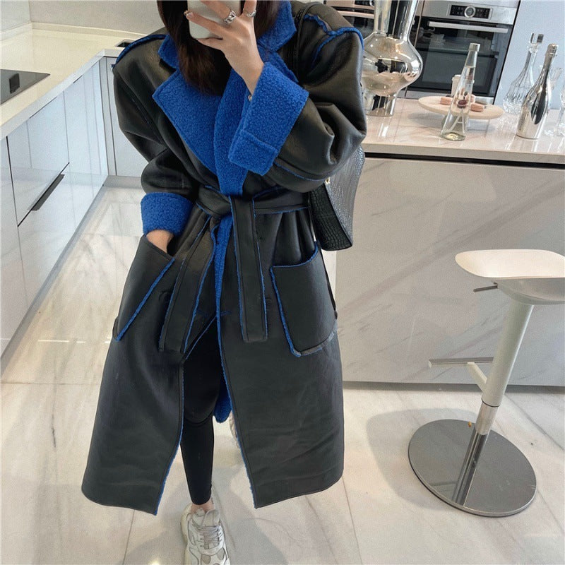 Autumn And Winter Fur Integrated Lamb Wool Medium Length Thickened Blue Coat