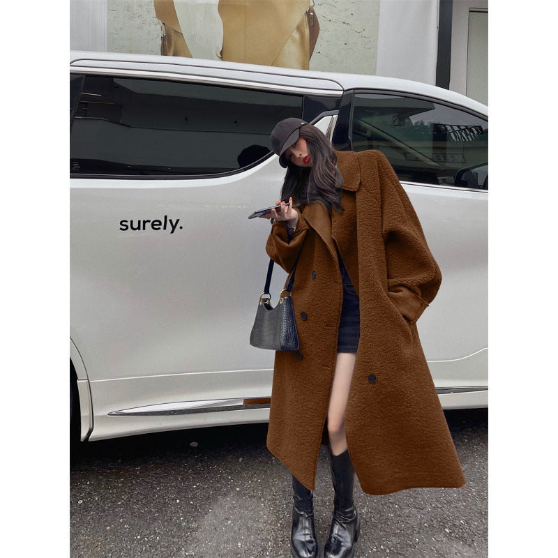 Autumn And Winter Fur Integrated Lamb Wool Medium Length Thickened Blue Coat